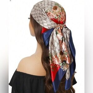 ✨NEW Floral Silk like Scarf with Red and Blue Accents